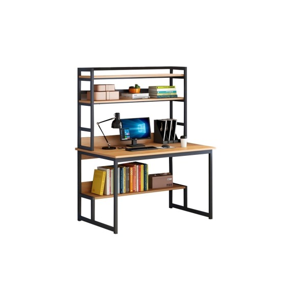 Mesa de Ordenador de Metal Negro y MDF Natural - Escritorio con Múltiples Estantes Espaciosos - 100x60x154 cm