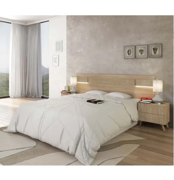 Conjunto Cabecero y 2 Mesitas de Noche – 2 Cajones – Color Puccini-Textil – Estilo Moderno (210x55x3 cm)