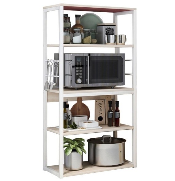 Estantería de Cocina Alta con Marco de Metal Blanco, Estante para microondas 50x30x130 Cm Color Natural y Blanco