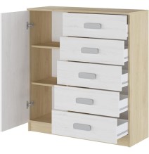 Cómoda Grande para Dormitorio o Salón – Natural y Blanco, 60 x 108 x 60 cm, 1 Puerta y 5 Cajones de Almacenaje.