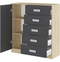 Cómoda Grande para Dormitorio o Salón – Natural y Grafito, 60 x 108 x 60 cm, 1 Puerta y 5 Cajones de Almacenaje.