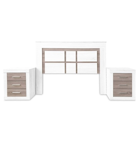 Pack Cabecero de 160 x 120 cm + 2 Mesitas de Noche, Colores Andersen y Pino Gris (para Cama de 135-140 o 160) – Meyvaser