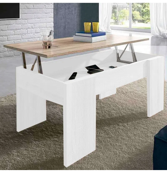 Mesa de Centro Elevable, Acabado en Color Blanco con Tapa Cambria, Medidas: 90 cm (Ancho) x 50 cm (Fondo) x 46-57 cm (Alto)