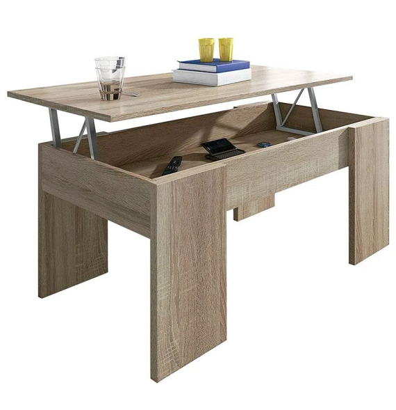 Mesa de Centro Elevable, Para Salón o Comedor,Acabado en Color Cambria, Medidas: 90 cm (An) x 50 cm (Fon) x 46-57 cm (Al)