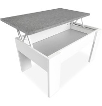 Mesa de Centro Elevable, Medidas: 90 cm x 50 cm x 46-57 cm, Acabado en Color Madera Blanca con Tapa Gris Piedra