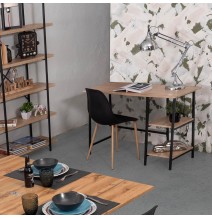 Mesa Escritorio Industrial con Estante y 2 Baldas – MDF Negro, Estructura Metálica y Roble, 110x50x75 cm