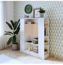 Estantería con Escritorio, Mesa de Ordenador, Acabado en Blanco y Madera, Medidas: 119,6 cm (Largo) x 139,6 cm (Alto) x 34,5