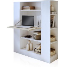 Estantería con Escritorio, Mesa de Ordenador, Acabado en Blanco y Madera, Medidas: 119,6 cm (Largo) x 139,6 cm (Alto) x 34,5