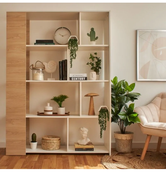 Estantería Decorativa, Librería, Acabado en Roble y Blanco, Medidas: 176 cm (Al) x 129 cm (Anc) x 28 cm (Fon)