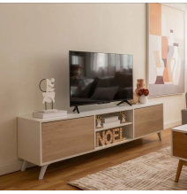 Mueble de TV de Diseño Nórdico + Modulo Alto,2 Estantes y 2 Puertas,Cambrian-Blanco, 49cm(Al) x 180cm (An) x 40cm (Fon)