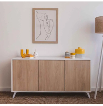 Meyvaser Aparador, Buffet, Salón Comedor 3 Puertas, Armario Auxiliar Color Blanco y Roble, Medidas: 138 cm x 70 x 39,5