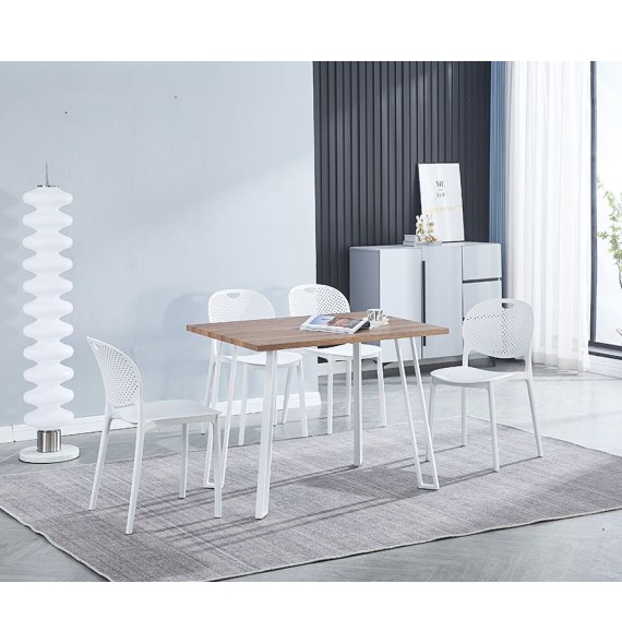 Conjunto Mesa y Sillas Comedor/Cocina: Mesa madera y Patas Metálicas Blancas (76x100x70 Cm) + 5 Sillas (80x40x55 Cm )