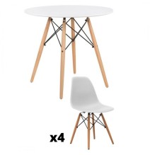Conjunto Mesa y Sillas Nórdicas: Mesa Blanca (80x80x76 cm) + 4 Sillas con Patas de Madera Haya (46,5 x 48 x 82 cm)