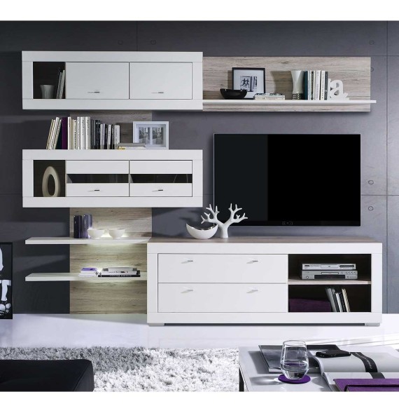 Mueble de Salón| 282 cm Anc x 52.10 cm Fon x 210.6 cm Al, Iluminación LED en Roble Arena y Blanco
