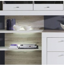 Mueble de Salón| 282 cm Anc x 52.10 cm Fon x 210.6 cm Al, Iluminación LED en Roble Arena y Blanco