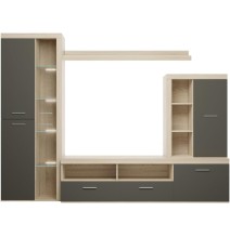 Mueble de Salón Moderno con Leds, Acabado en Cambria - Grafito, Medidas: 260 cm (Ancho) x 191 cm (Alto) 47,5 cm (Fondo)