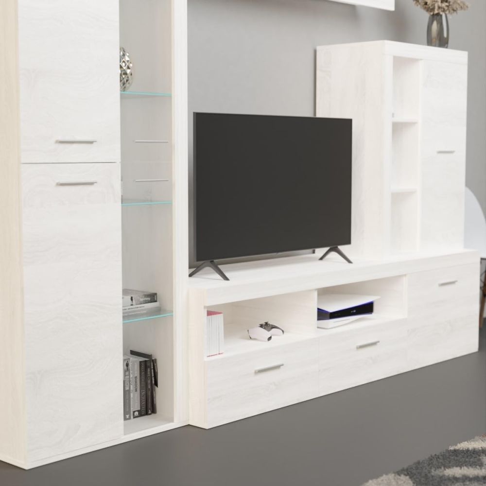 Mueble de Salón Moderno con Leds, Acabado en Andersen Pino, Medidas: 260 cm (Ancho) x 191 cm (Alto) 47,5 cm (Fondo)