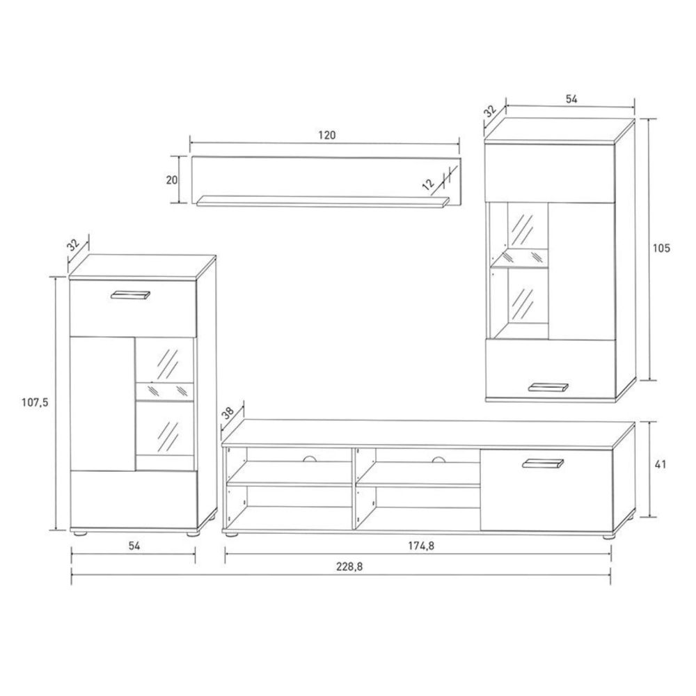Mueble de Salón Moderno con Leds, Acabado en Cambria, Medidas: 229 cm (Ancho) x 200 cm (Alto) 38 cm (Fondo)