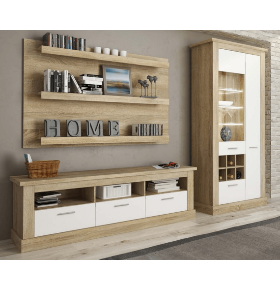 Mueble de Comedor, Mueble Salón, Acabado en Blanco y Cambria, Medidas: 276 cm (Ancho) x 201,6 cm (Alto) x 41,8 cm (Fondo)
