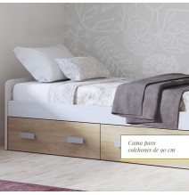 Cama Nido con 2 Cajones de Almacenaje – Blanco Veteado y Natural, 194,4 cm Largo x 98 cm Ancho x 58 cm Alto