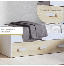 Cama Nido con 2 Cajones de Almacenaje – Blanco Veteado y Natural, 194,4 cm Largo x 98 cm Ancho x 58 cm Alto