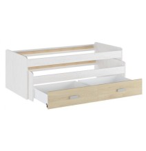 Cama Nido Juvenil Doble con Cajones de Almacenaje – Blanco Veteado y Natural, 198.4 cm Largo x 98 cm Ancho x 72 cm Alto