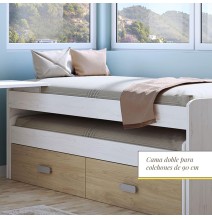 Cama Nido Juvenil Doble con Cajones de Almacenaje – Blanco Veteado y Natural, 198.4 cm Largo x 98 cm Ancho x 72 cm Alto