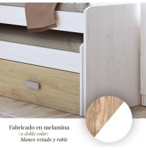 Cama Nido Juvenil Doble con Cajones de Almacenaje – Blanco Veteado y Natural, 198.4 cm Largo x 98 cm Ancho x 72 cm Alto