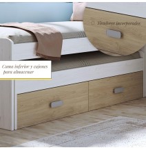 Cama Nido Juvenil Doble con Cajones de Almacenaje – Blanco Veteado y Natural, 198.4 cm Largo x 98 cm Ancho x 72 cm Alto