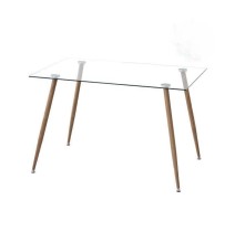 Mesa de Comedor Fija - Cristal Templado y Patas Metálicas con Acabado Madera | 120x80X76 cm