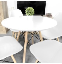 Mesa Redonda de Comedor o Cocina en Patas de Madera y Tapa Blanca – 80 cm de Diámetro y 75 cm de Alto.
