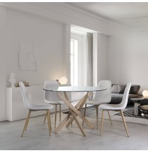 Mesa Redonda con Tapa de Cristal y Estructura Metálica Acabado Madera | Medidas: 110 x 73 cm