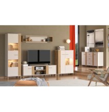 Aparador en Melamina Cashmere y Roble Artisan con Puertas, Mueble de Almacenaje - Medidas 163,5x40x90,5 cm