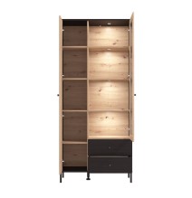 Vitrina Alta en Roble Artisan y Negro con Puerta Estrecha, Puerta Acristalada y 2 Cajones - Medidas 86,5x40x195 cm