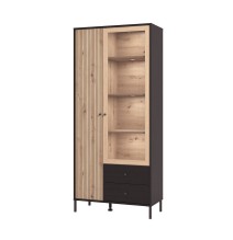 Vitrina Alta en Roble Artisan y Negro con Puerta Estrecha, Puerta Acristalada y 2 Cajones - Medidas 86,5x40x195 cm