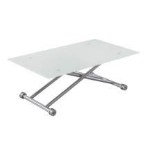 Mesa de Centro Elevable, Cristal de 8 mm y Estructura con Ruedas - Tapa Color Blanco, Mueble Moderno - Medidas 120x70x40-75 cm