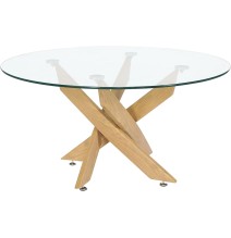 Mesa de Centro Redonda con Tapa de Cristal 8 mm y Patas Metálicas en Acabado Madera - Medidas 80x40 cm