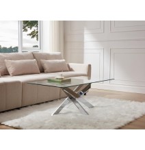 Mesa de Centro con Tapa de Cristal Templado de 8 mm y Patas Metálicas Cruzadas en Acabado Crema -  Medidas 110x55x45 cm