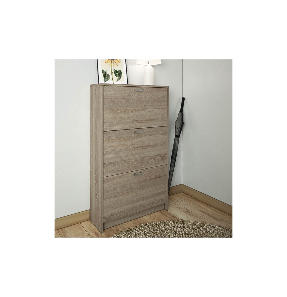 Zapatero Compacto Roble – Mueble con 3 Puertas y Doble Profundidad | MDF con Acabado Melamina | 70 x 25 x 120 cm