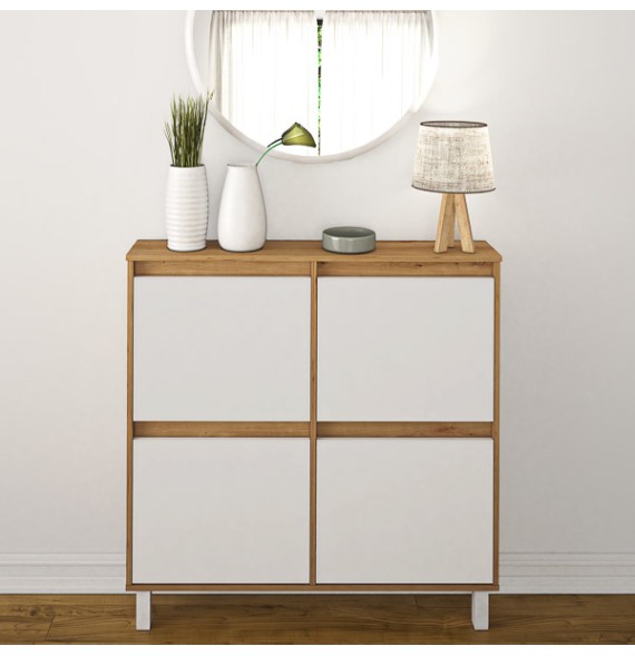 Zapatero de Melamina Roble/Blanco – 4 Puertas Abatibles | Gran Capacidad | 110 x 110 x 20 cm
