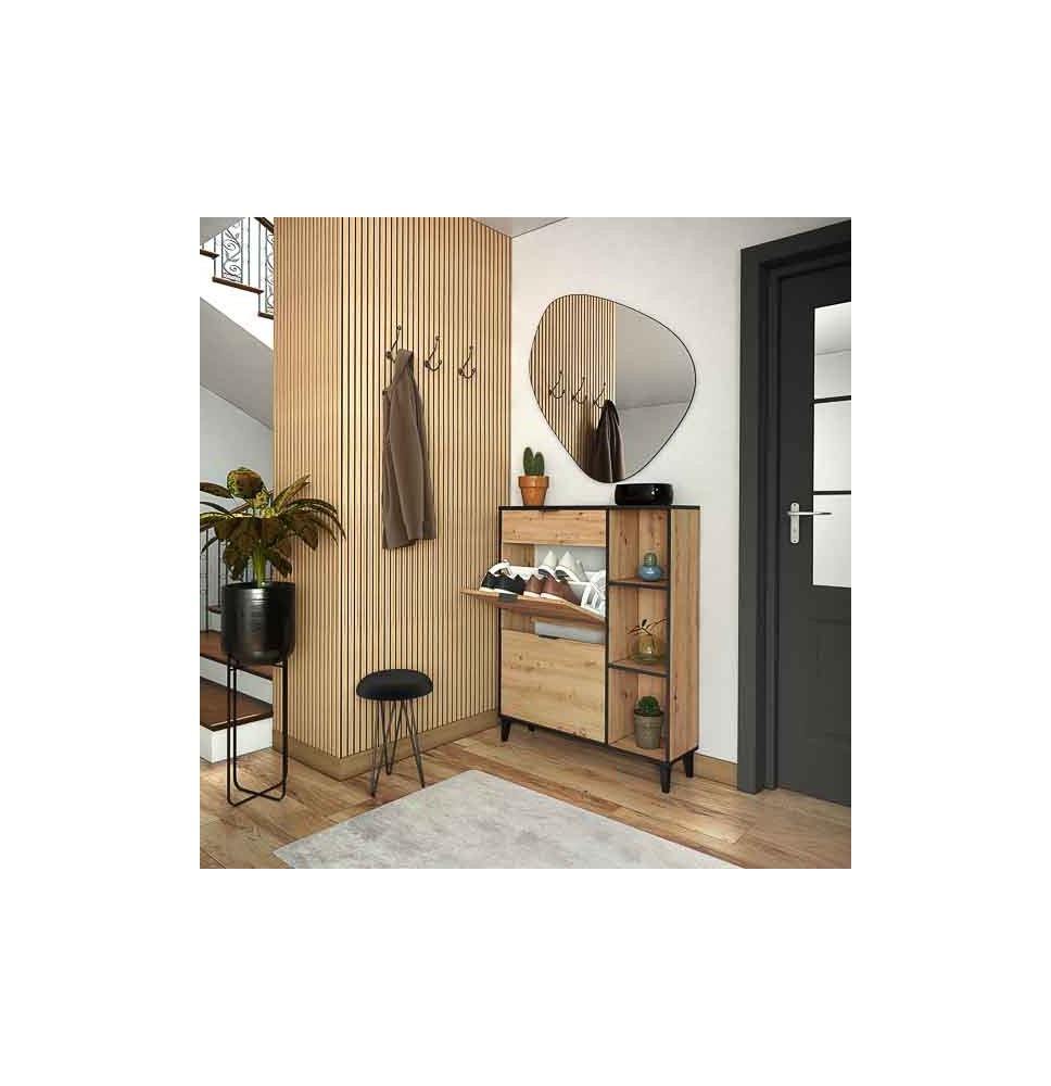 Mueble Zapatero de Entrada – 2 Puertas y 1 Cajón | Color Roble/Pizarra | 110 x 90 x 24,5 cm