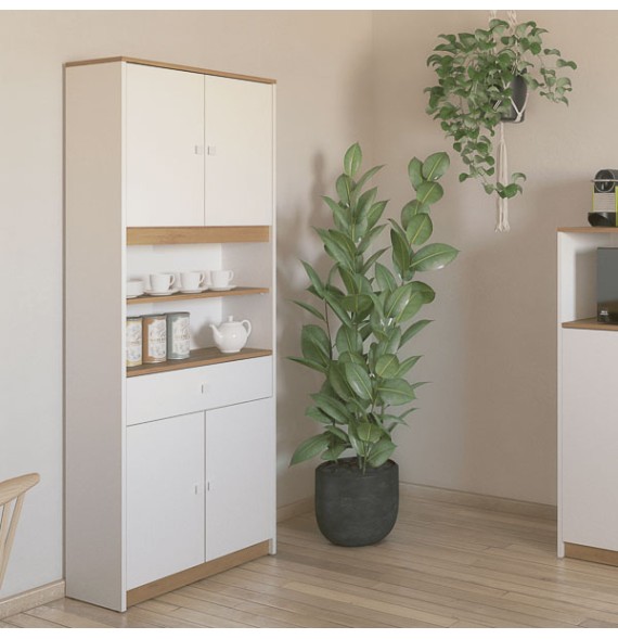 Armario Multiusos Tipo Buffet con 4 Puertas – Acabado Blanco y Roble – 180 x 67 x 29 cm (alto x ancho x fondo)