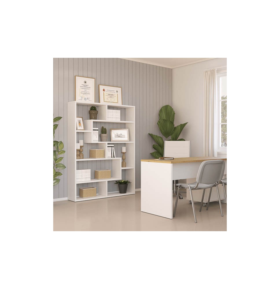 Estantería Geométrica Blanca para Salón con Múltiples Estantes – 169 x 120 x 28 cm (alto x ancho x fondo)