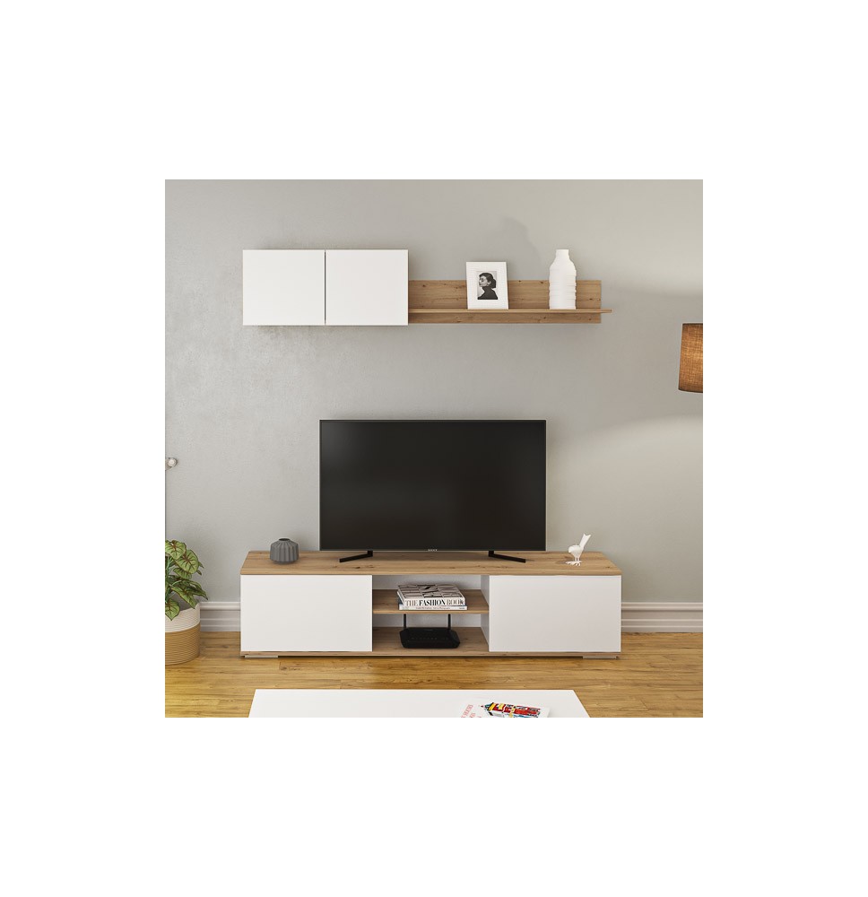 Mueble Salón Comedor 2 Módulos y 1 Estantería con puertas Color Blanco Y roble Estilo Moderno 180x80x40 Cm