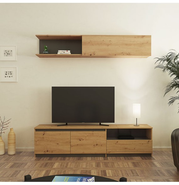 Mueble de TV de Diseño + Modulo Alto de Almacenamiento y 2 Puertas,Roble y Gris 85 cm(Alto) x 200cm (Ancho) x 40cm (Fondo)