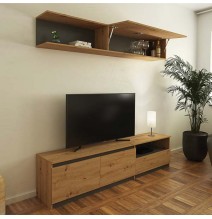Mueble de TV de Diseño + Modulo Alto de Almacenamiento y 2 Puertas,Roble y Gris 85 cm(Alto) x 200cm (Ancho) x 40cm (Fondo)