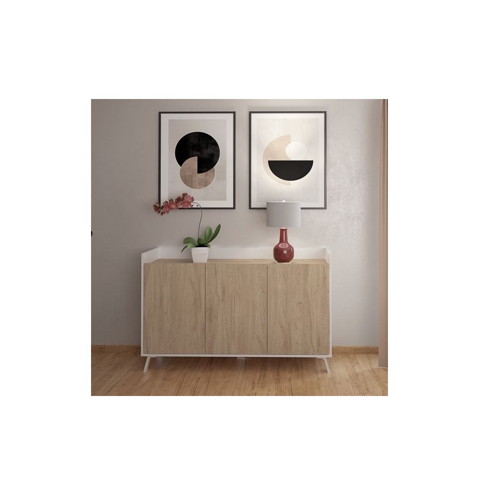 Aparador, Buffet, Salón Comedor 3 Puertas, Armario Auxiliar Color Blanco y Roble, Medidas: 140x87x40 Cm