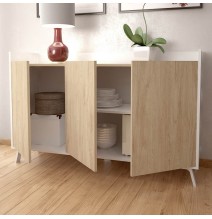 Aparador, Buffet, Salón Comedor 3 Puertas, Armario Auxiliar Color Blanco y Roble, Medidas: 140x87x40 Cm