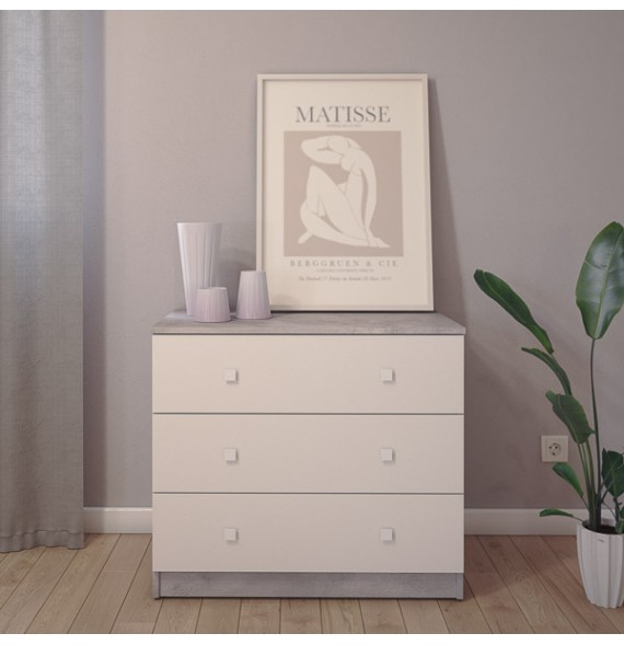Cómoda con 3 Cajones, para Dormitorio, Acabado en Color Cemento Blanco, Medidas: 80 cm (Ancho) x 70 cm (Alto) x 48 cm (Fondo)