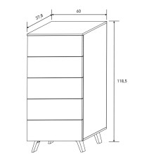 Sinfonier con 5 Cajones y con Patas, Comoda Cajonera Dormitorio, Color Mauvella-rayas, 60cm (Anc) x 118,5cm (Al) x 37,8cm (Fon)